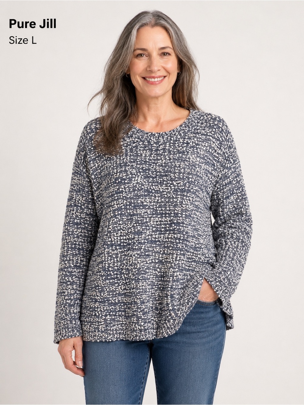 Pure Jill Textured Knit Sweater Blue White Size L